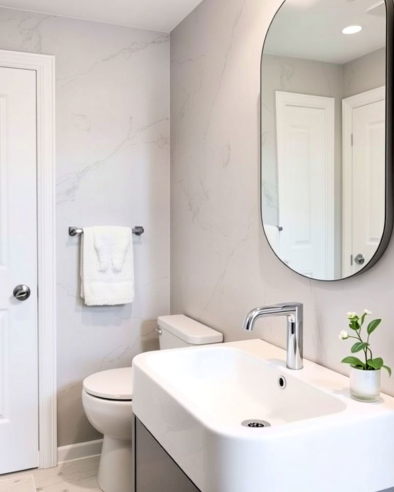 hallway bathroom with a sleek and touchless faucet