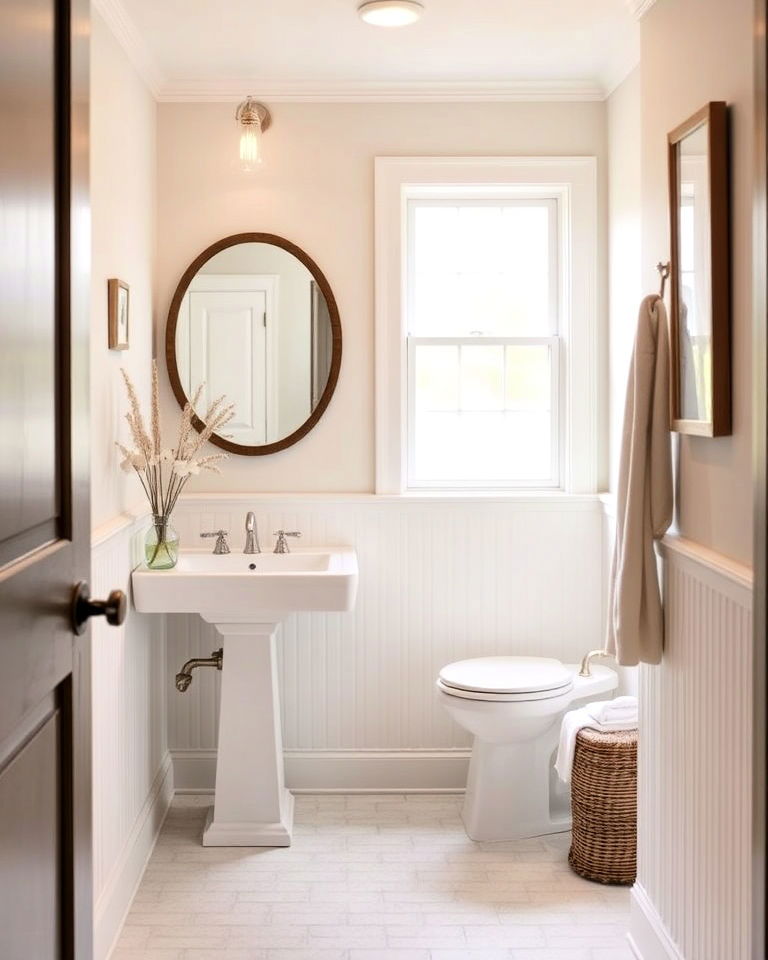 hallway bathroom with elegant beadboard panelling