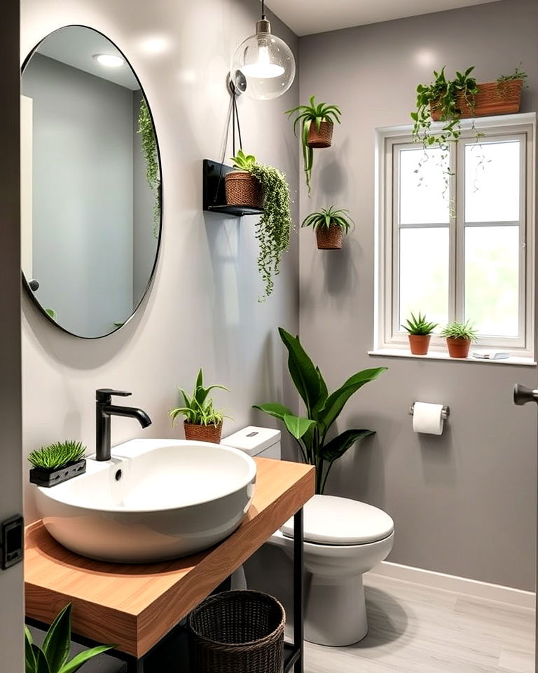 hallway bathroom with refreshing plant decor