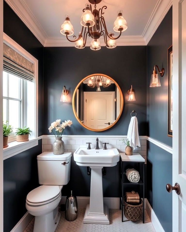 hallway bathroom with statement lighting fixtures