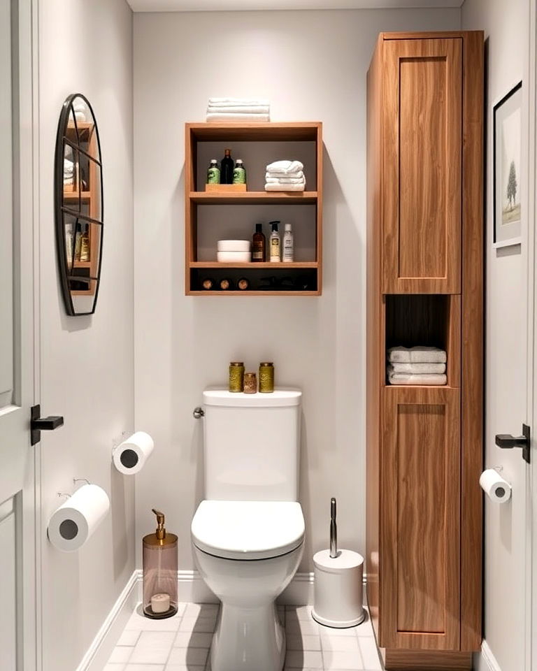 hallway bathroom with vertical shelving storage