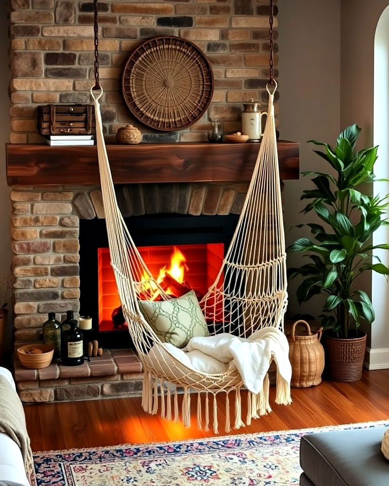 hammock chair suspended near the fireplace