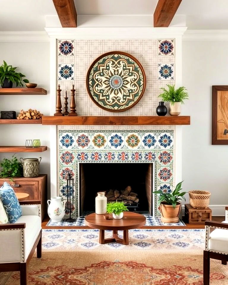 hand painted moroccan tile fireplace