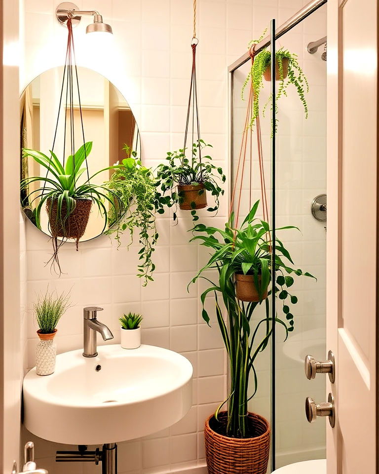 hanging planters for a natural touch in bathroom