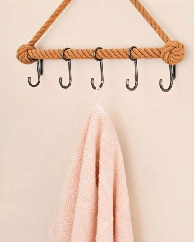 hanging rope towel rack for nautical bathroom decor