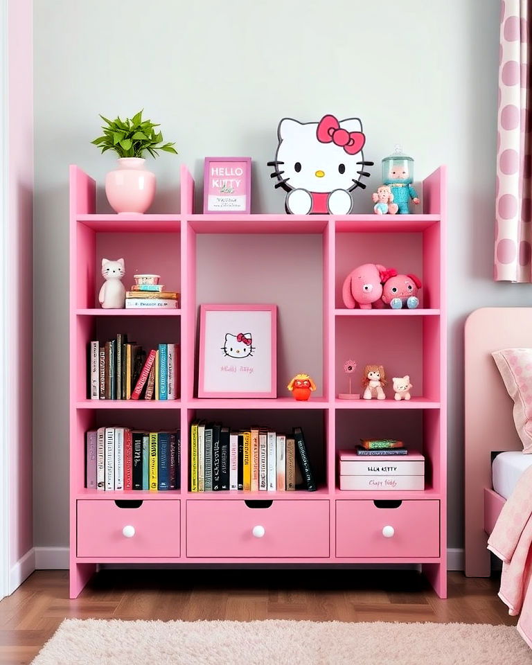 hello kitty themed bedroom bookshelf display