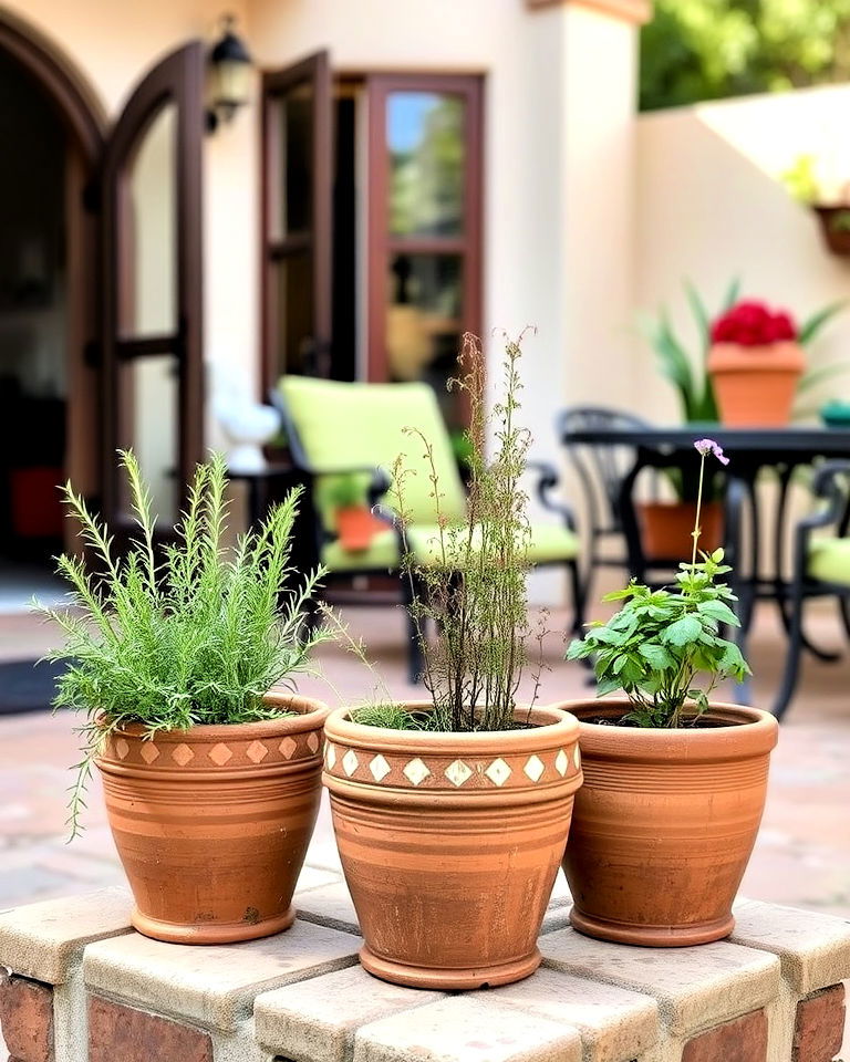herb garden in clay pots for patio
