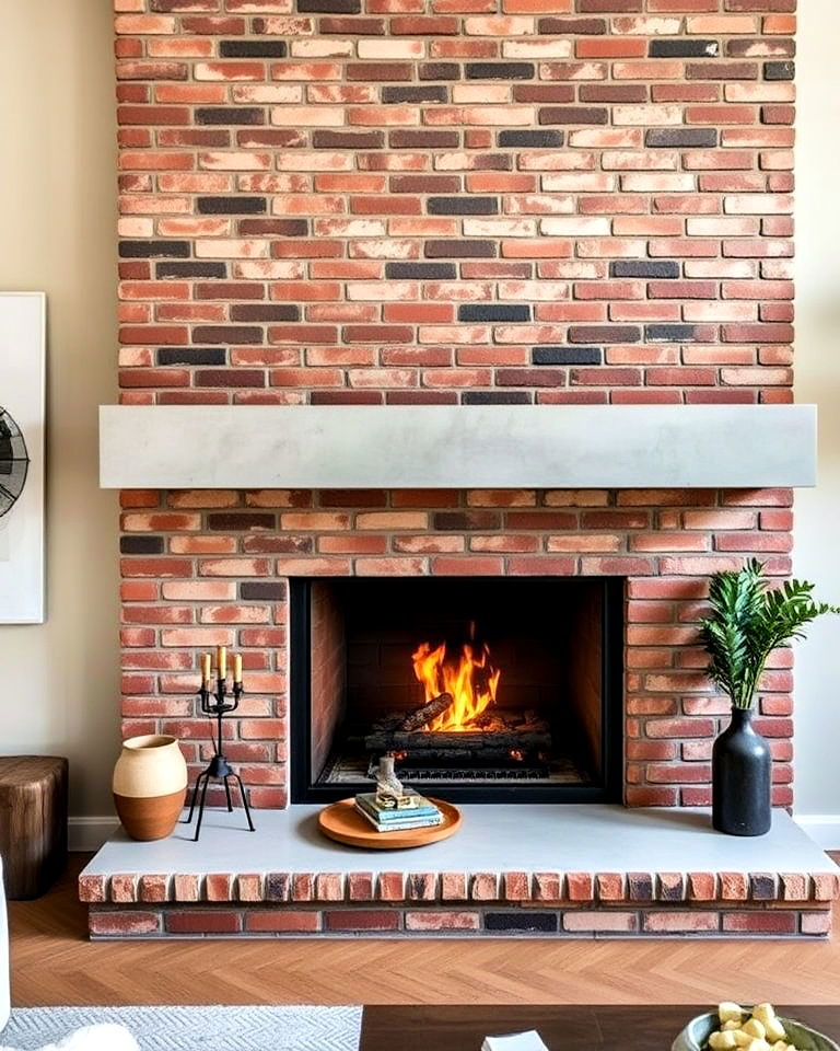 herringbone brick fireplace with concrete mantel