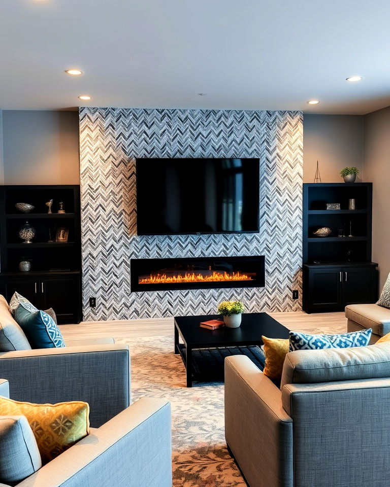 herringbone pattern tile accent wall for basement