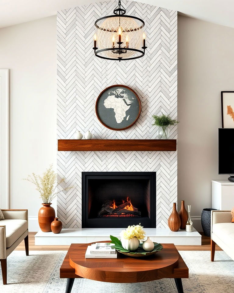 herringbone tile fireplace wall