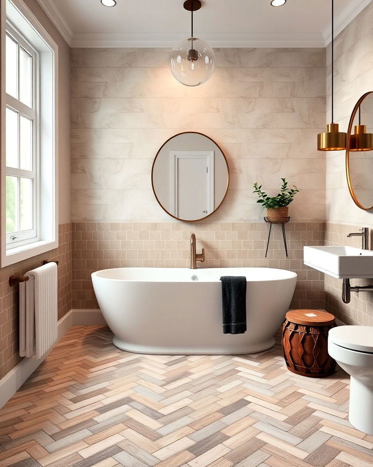 herringbone tile layout bathroom