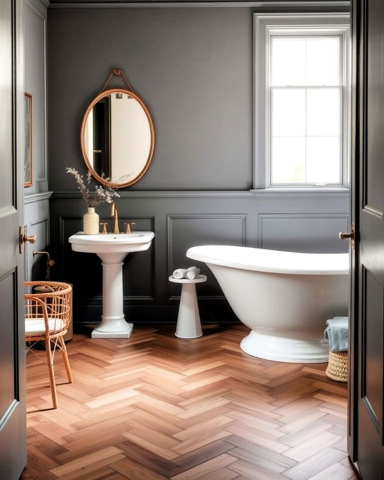 herringbone wood floor pattern bathroom