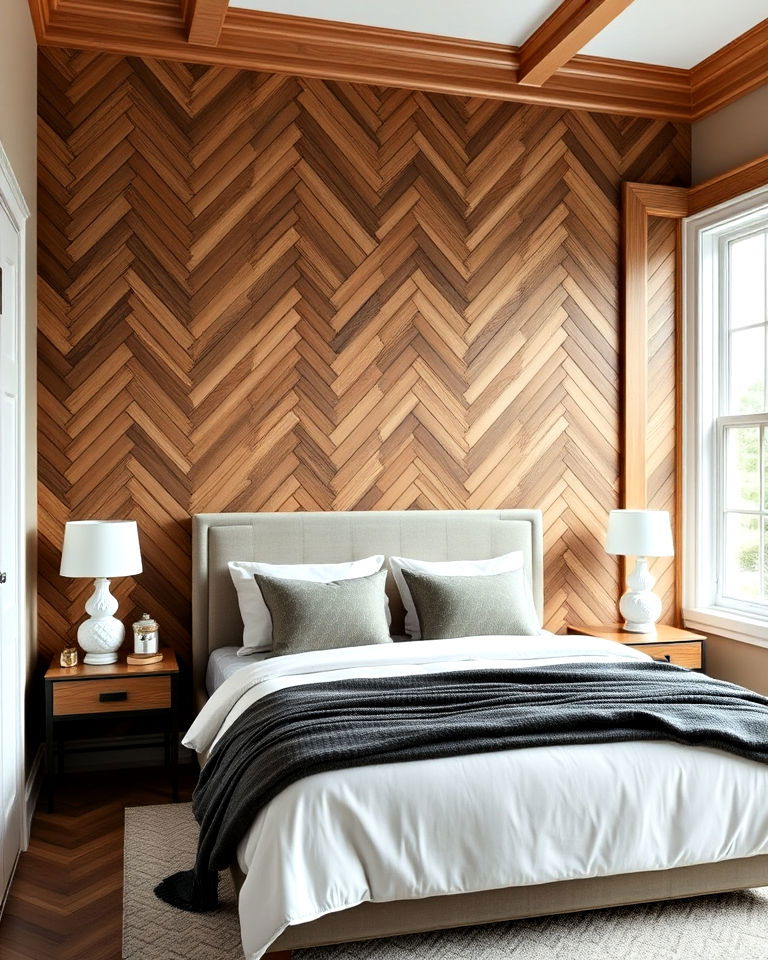 herringbone wood trim pattern accent wall