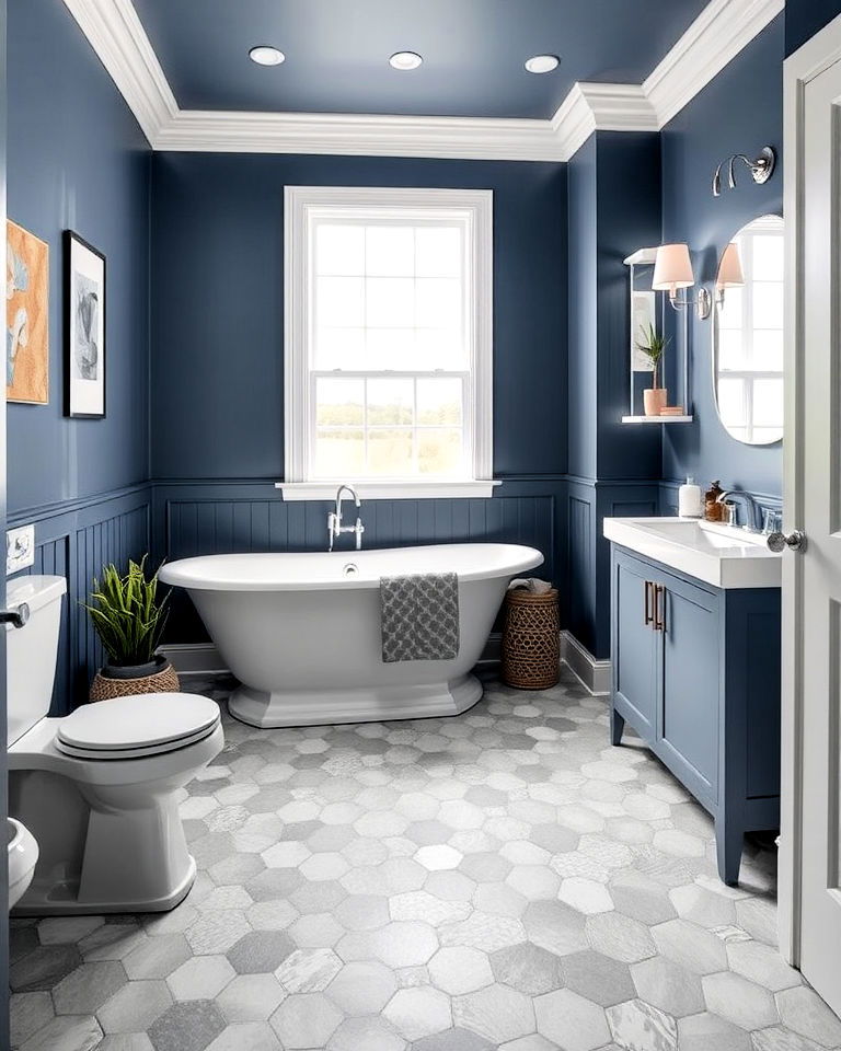 hexagonal gray floor tiles to enhance bathroom