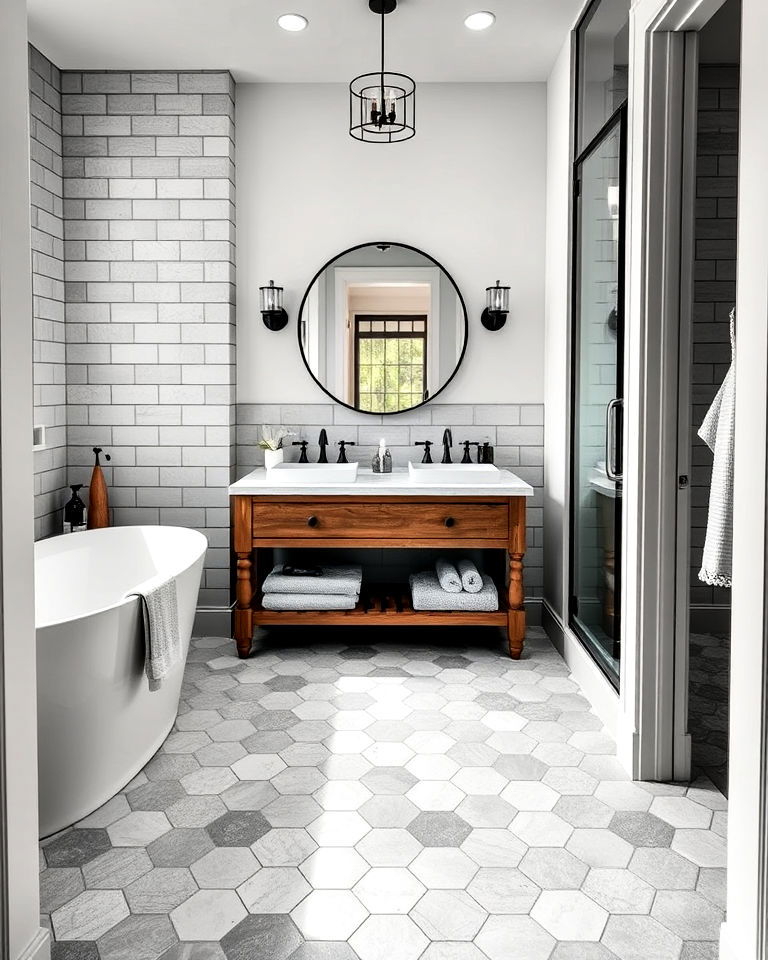 hexagonal tile flooring barndominium bathroom