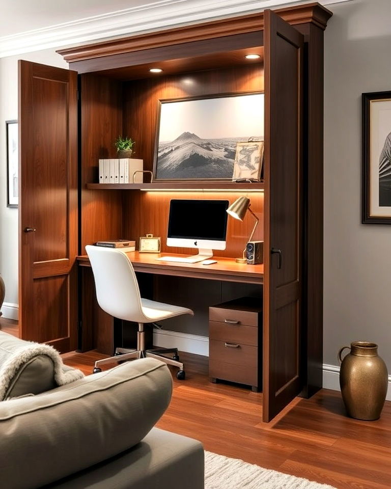 hidden desk in a living room cabinet