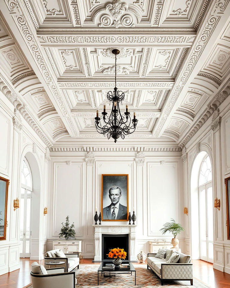 high ceiling with statement molding living room