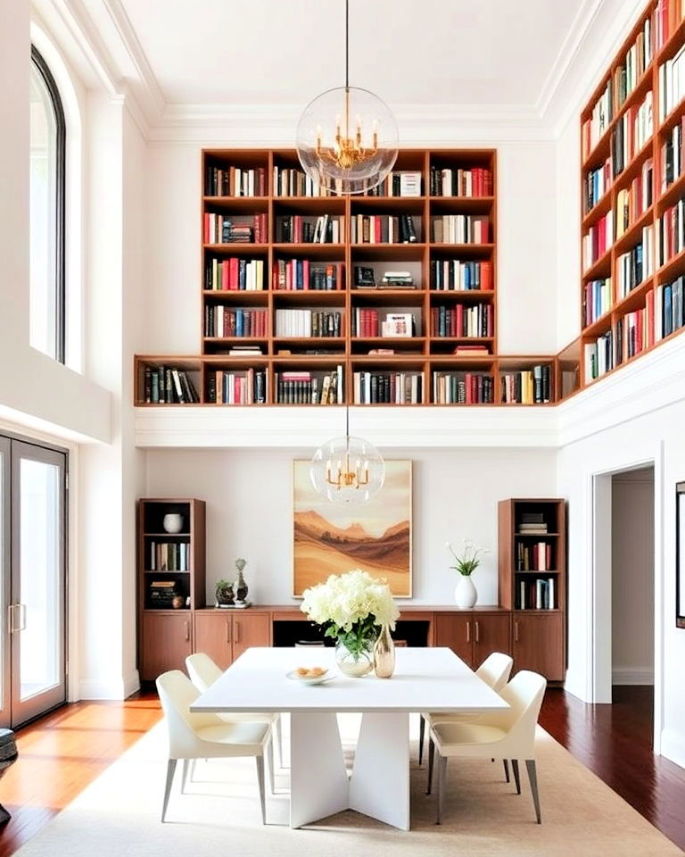 high ceilings with floating bookshelves