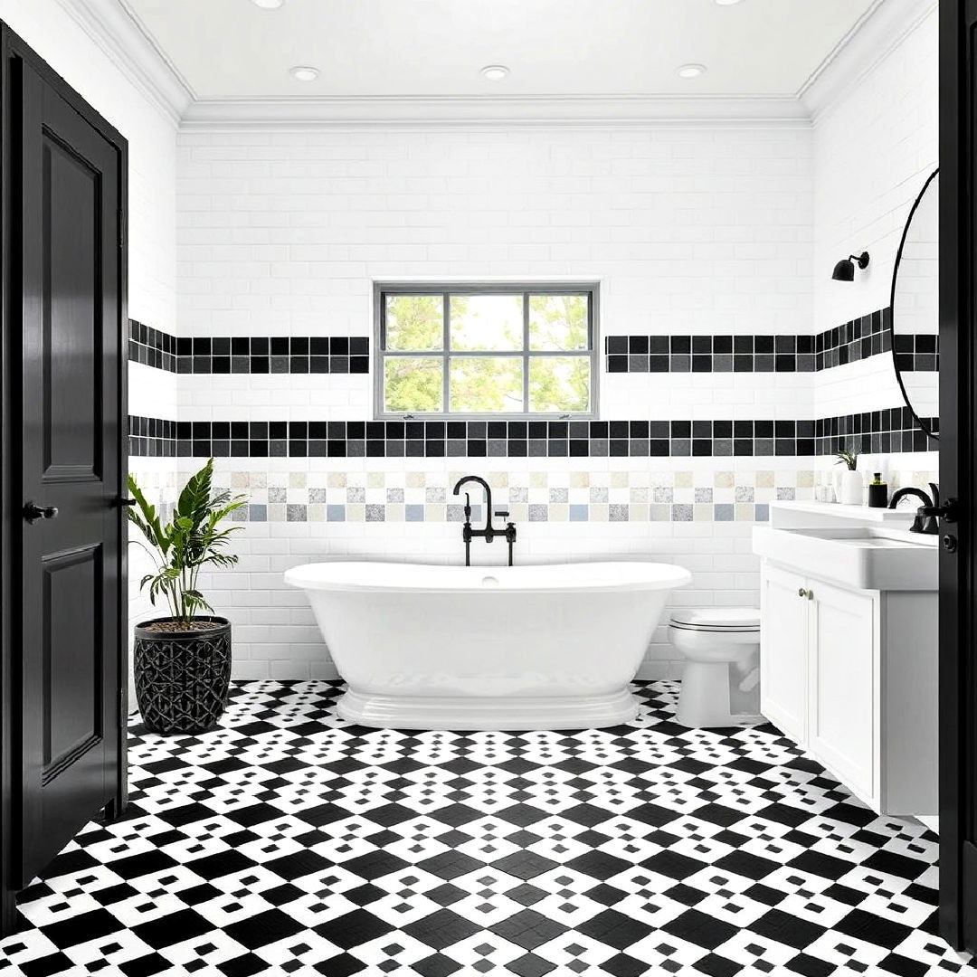 high contrast black and white bathroom tiles