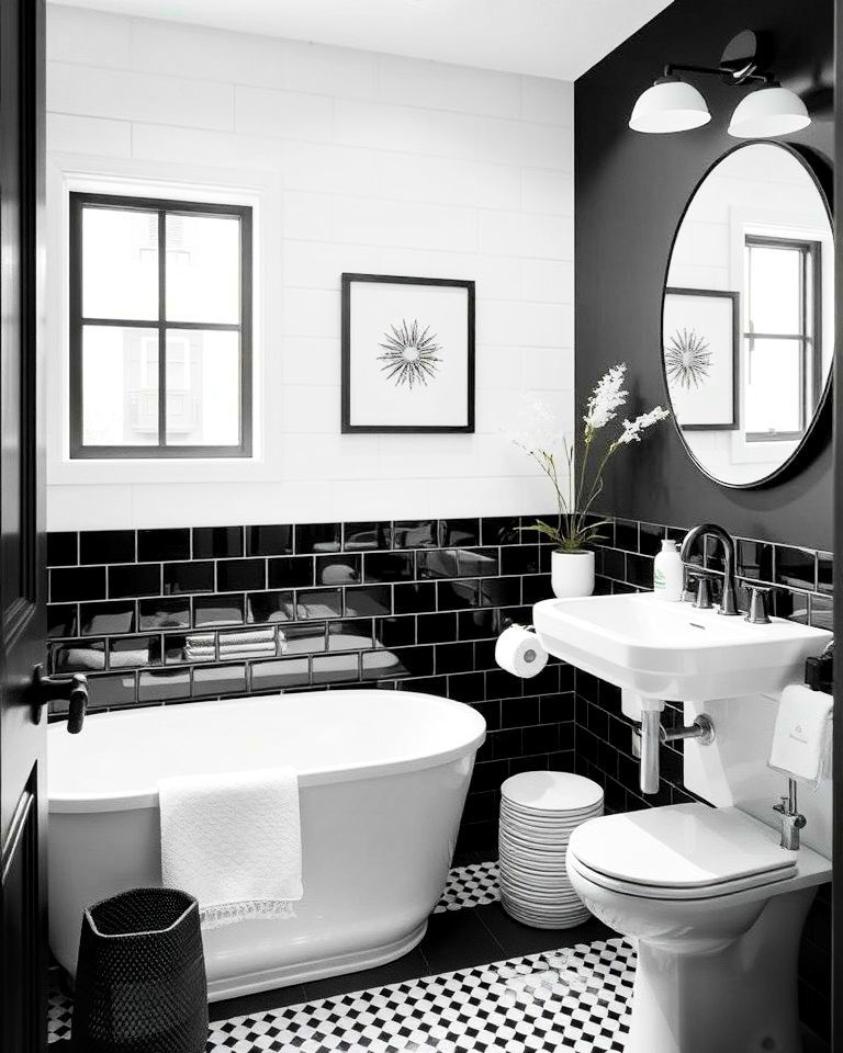 high contrast black and white half bathroom