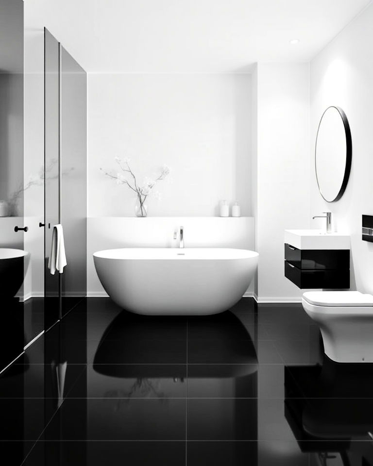 high contrast minimalism black floor bathroom with white walls