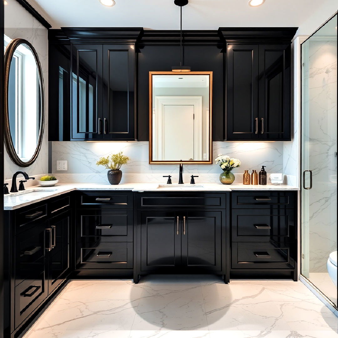 high gloss bathroom cabinets with marble accent