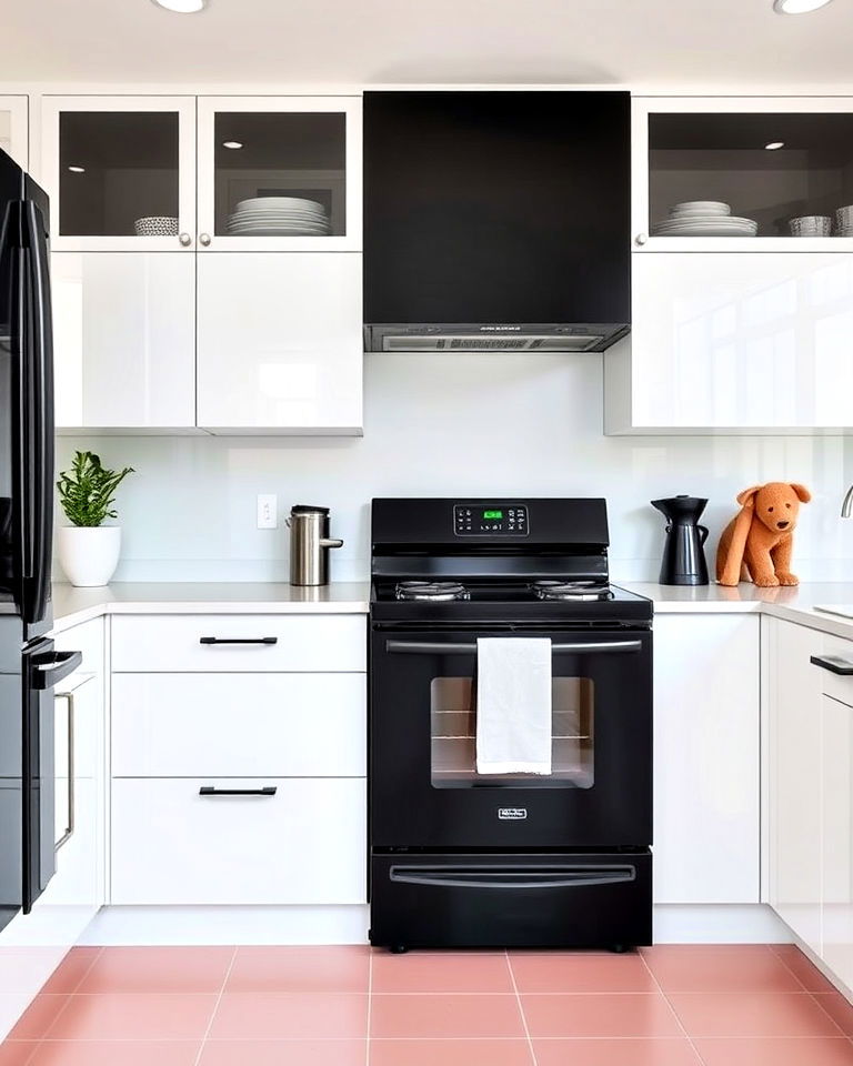 high gloss white cabinets and matte black appliances