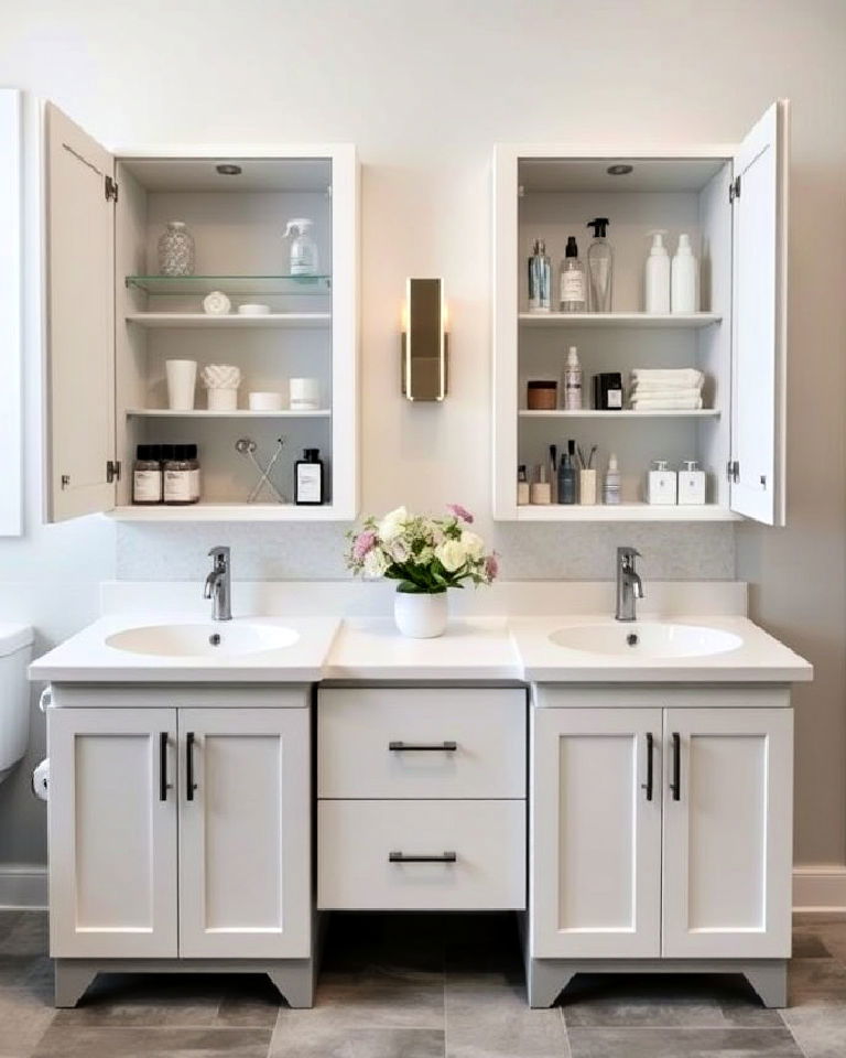 his and her toiletries cabinets bathroom