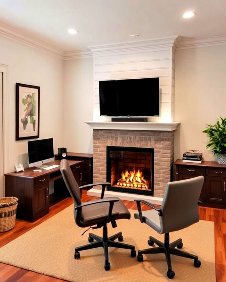 home office with fireplace and tv above