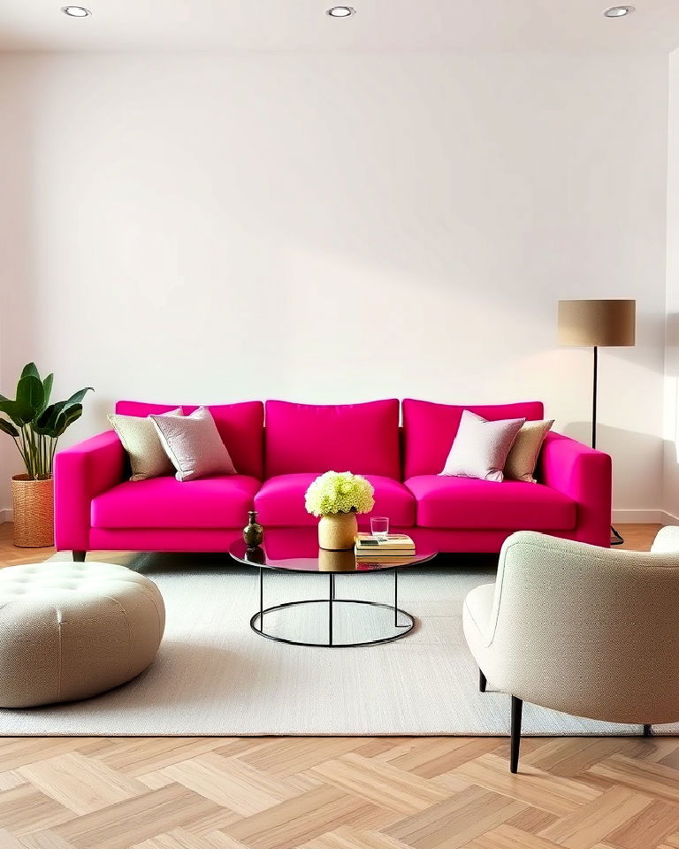 hot pink couch with minimalist decor living room