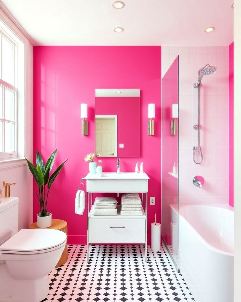 hot pink feature wall for bold statement bathroom