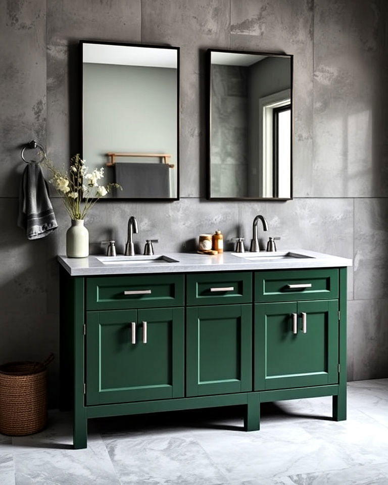 hunter green cabinets with concrete grey walls