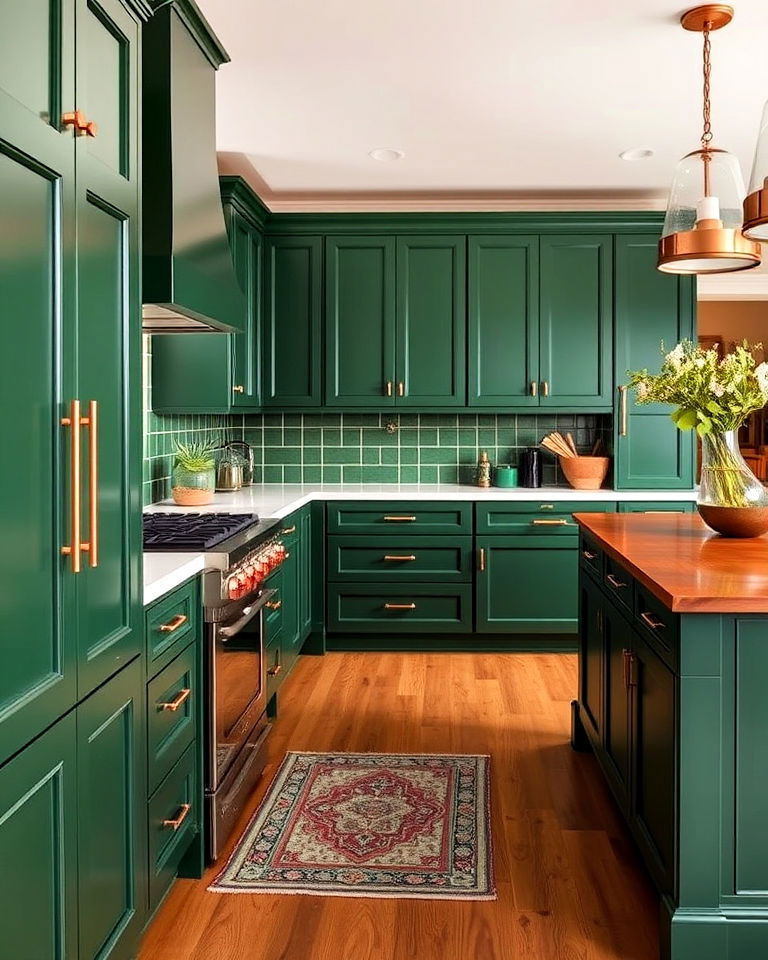 hunter green kitchen cabinets with copper hardware for kitchen