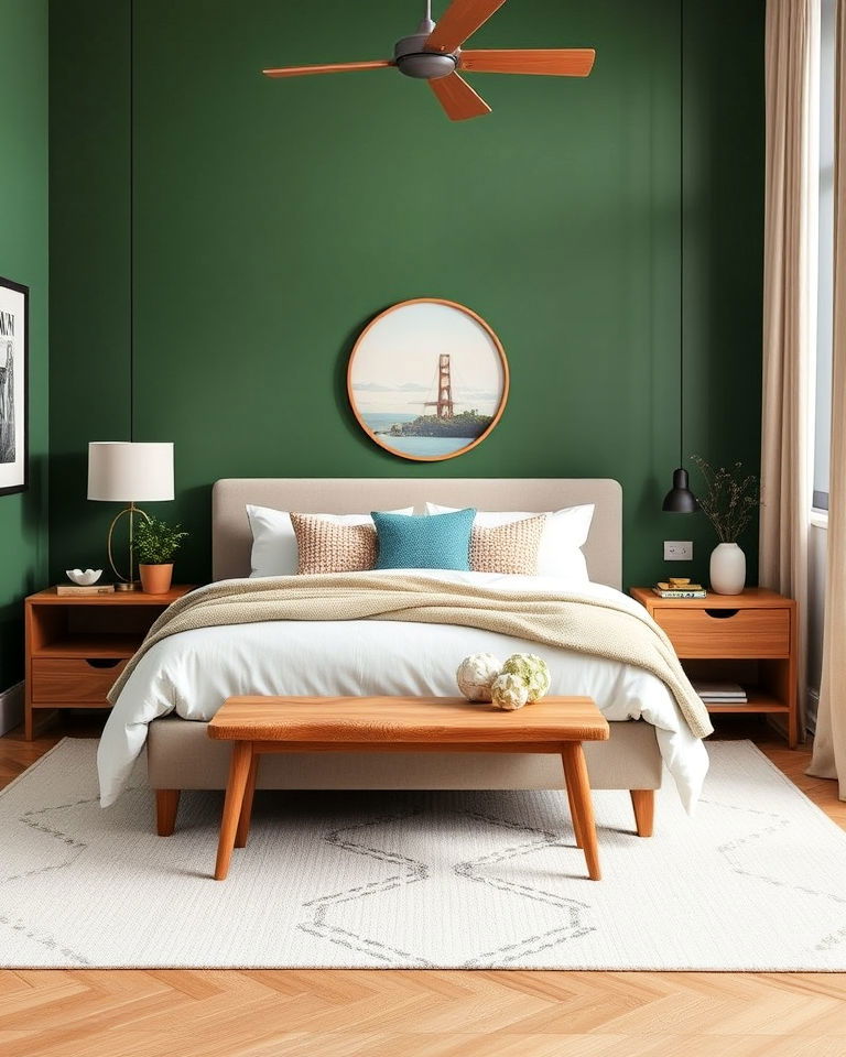 hunter green walls with driftwood colored bedroom furniture