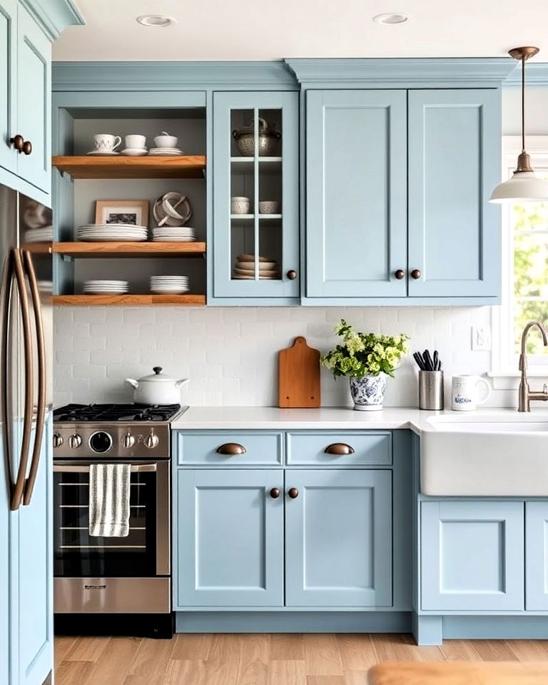 ice blue cabinets with rustic iron handles