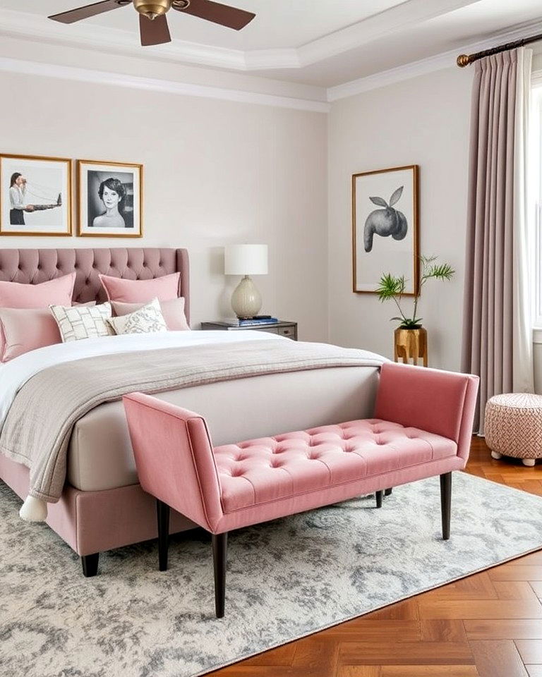 pink upholstered bench at the foot of the bed