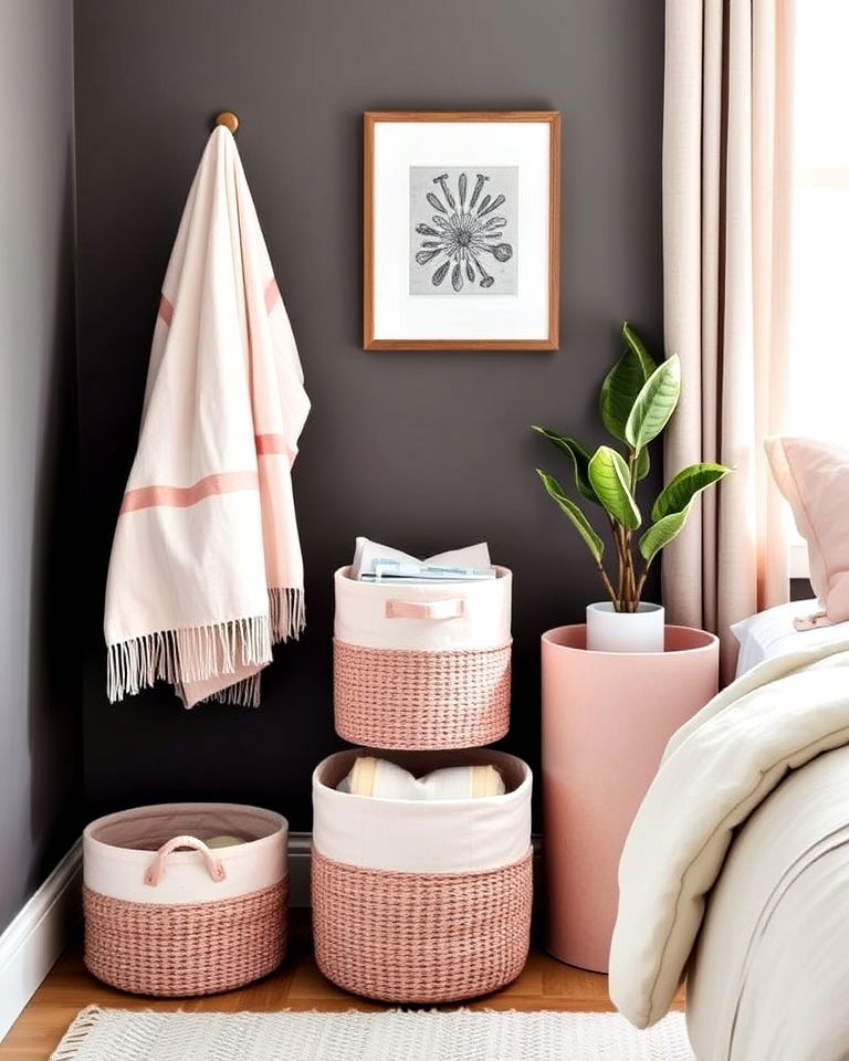 pink storage baskets for functional bedroom decor