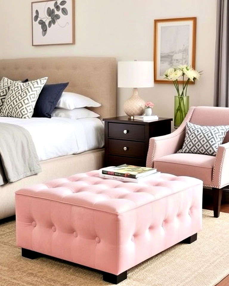 pink ottoman for a stylish accent in your bedroom