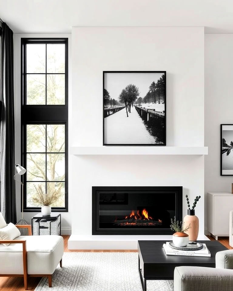 impactful white fireplace framed with black trim