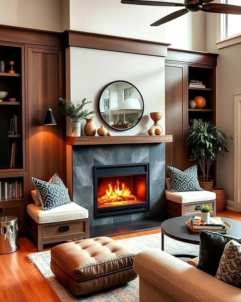 incorporate a fireplace with built in seating