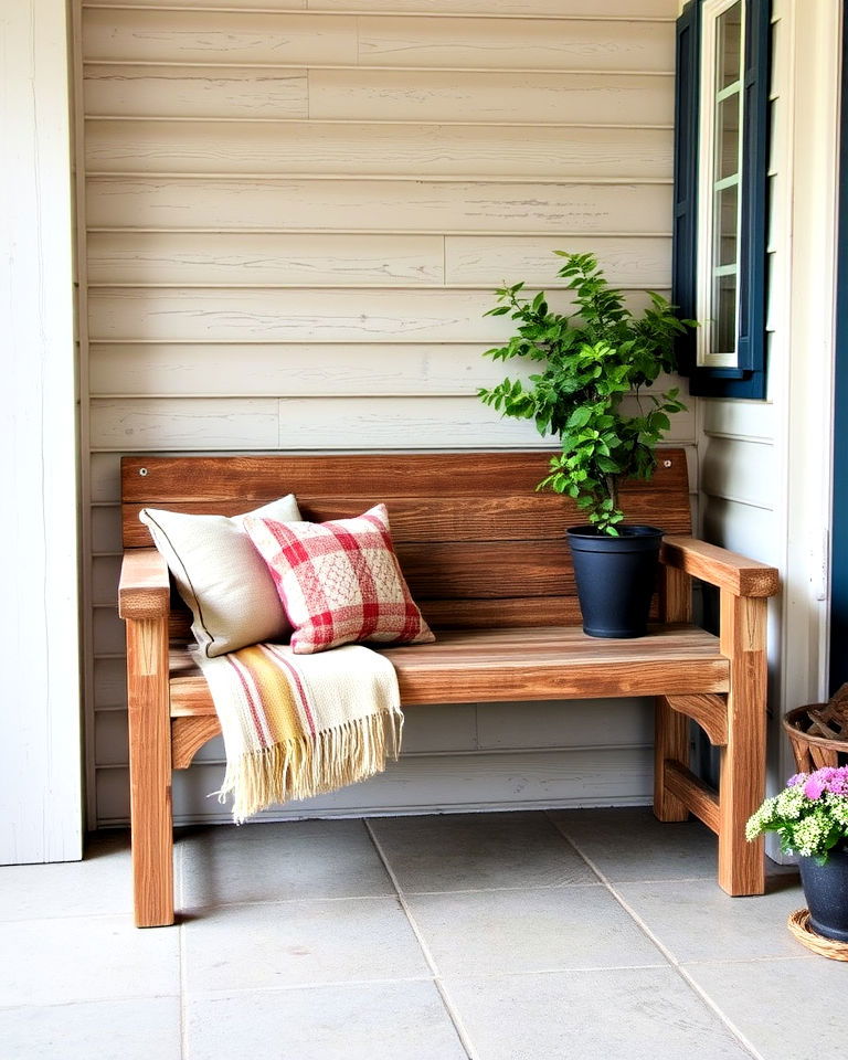 incorporate a weathered wooden bench