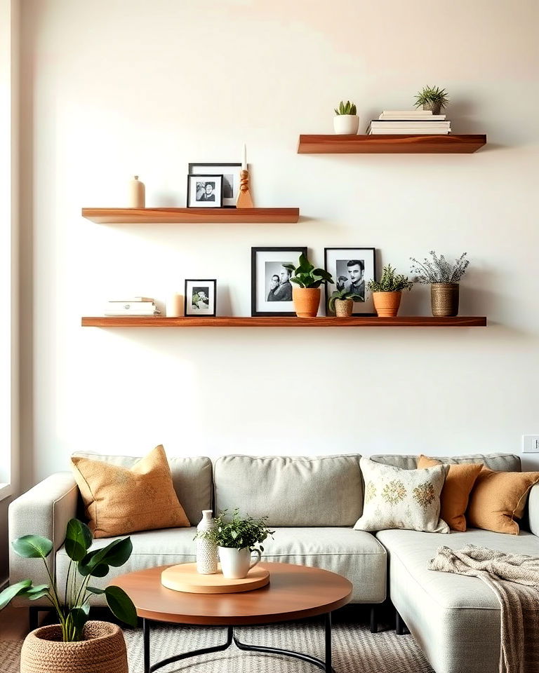 incorporate floating shelves for a sleek display