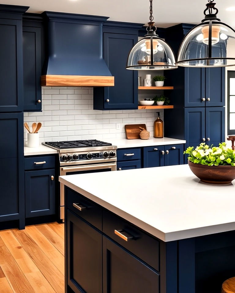 indigo blue cabinets with white countertops