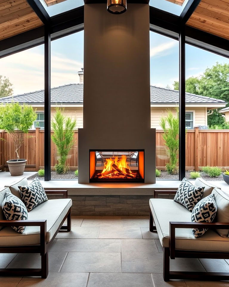 indoor outdoor fireplace with dual sided seating