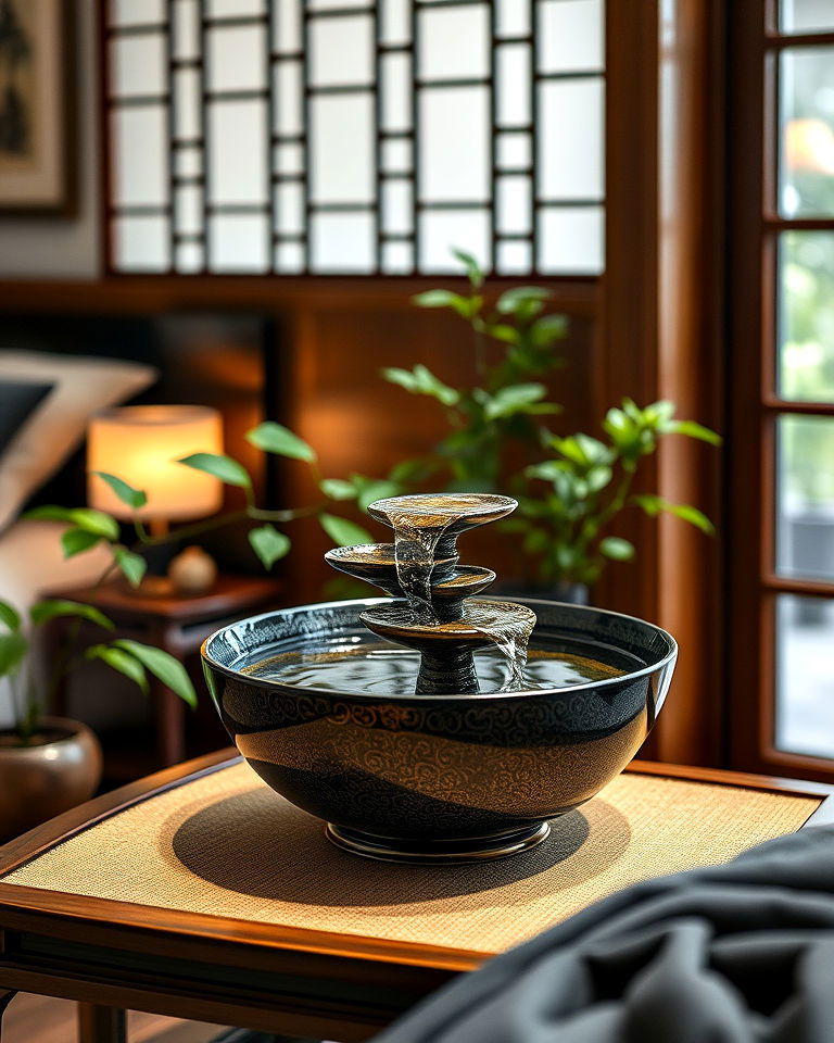 indoor tabletop fountain for an asian bedroom decor