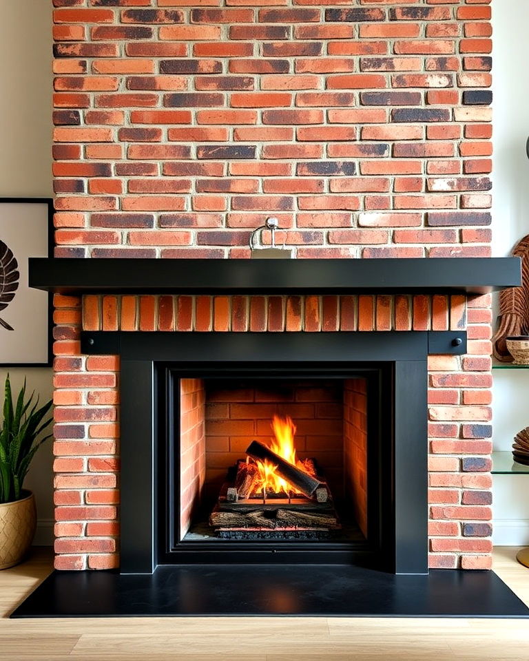 industrial brick fireplace with steel accents