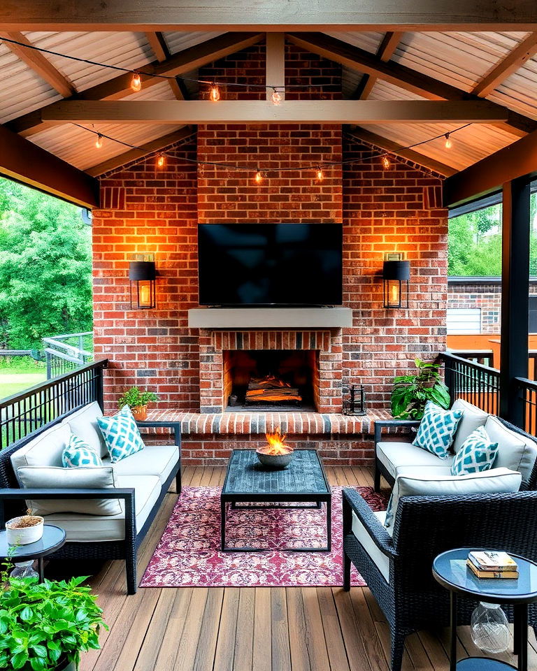 industrial chic deck with exposed brick fireplace