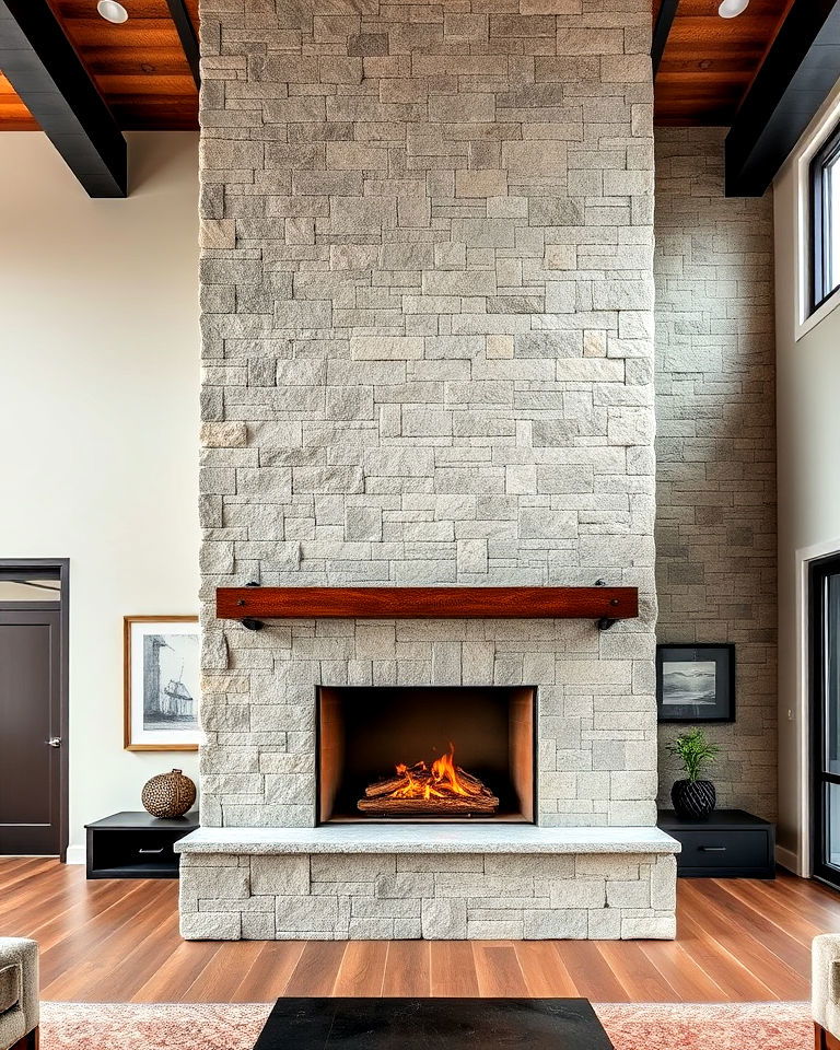 industrial chic floor to ceiling stone fireplace