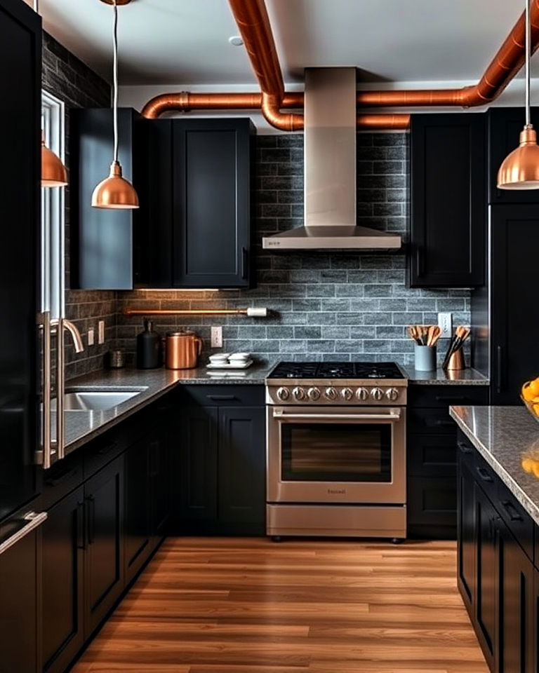 industrial copper piping with black cabinets