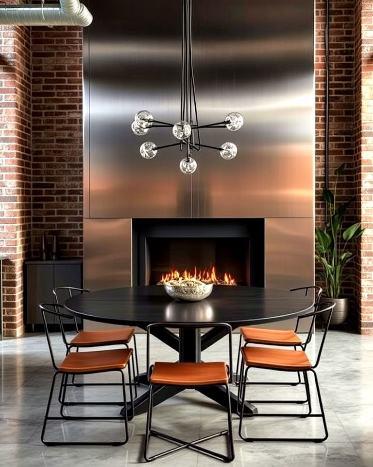 industrial dining room with metal fireplace